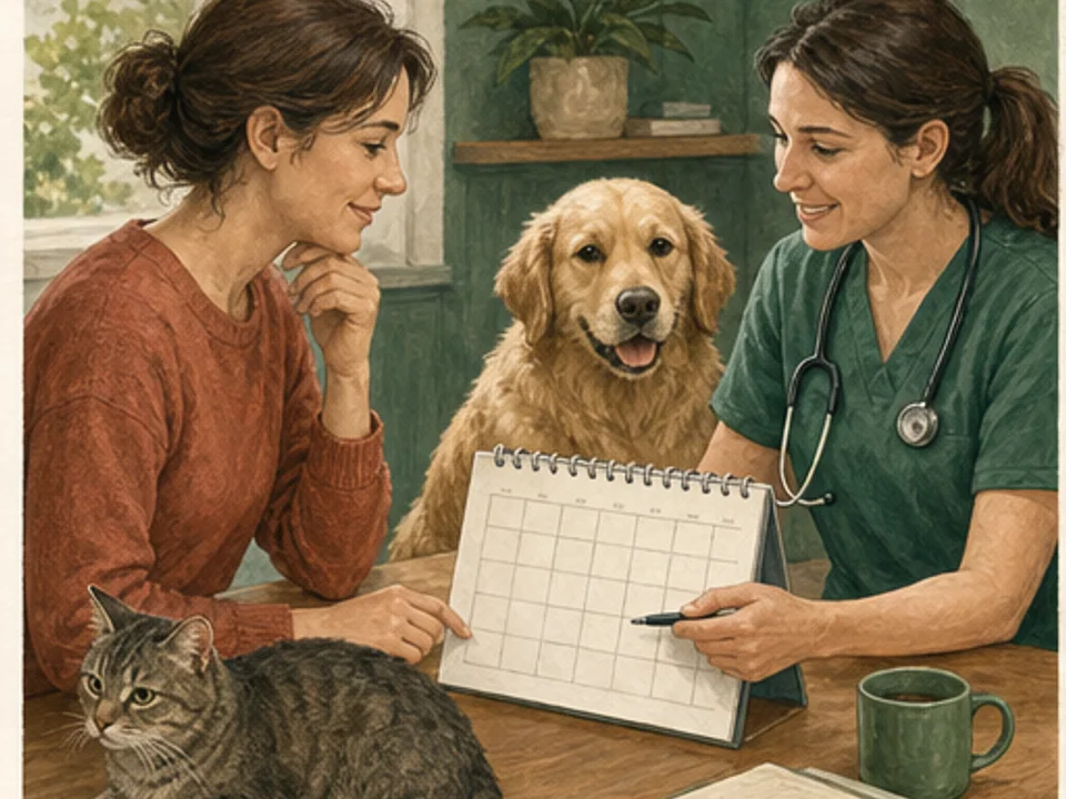 Tierhalterin bespricht einen Vorsorgekalender für Hund und Katze