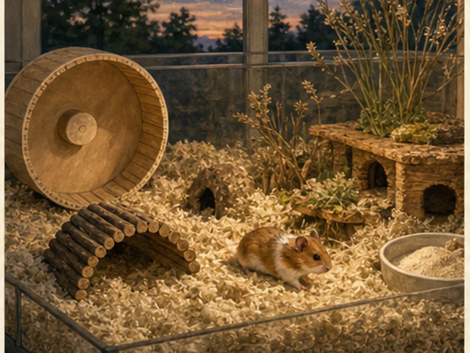 Hamster in einem breiten Gehege mit tiefem Einstreubereich, großem Laufrad, Sandbad und mehreren Verstecken