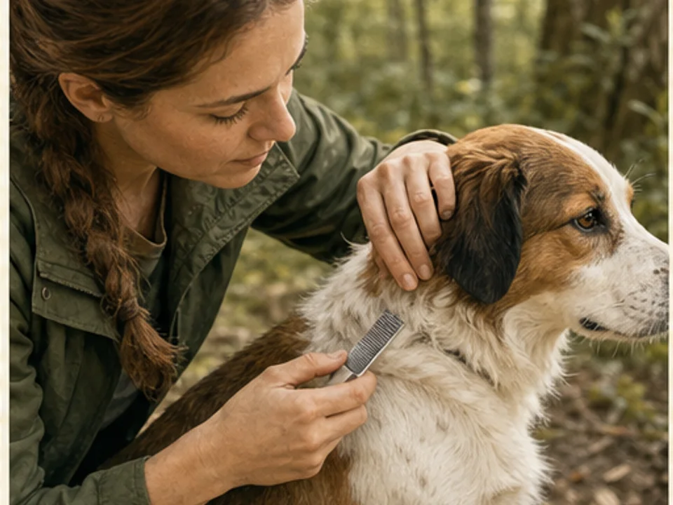 Hund wird nach einem Spaziergang am Fell kontrolliert