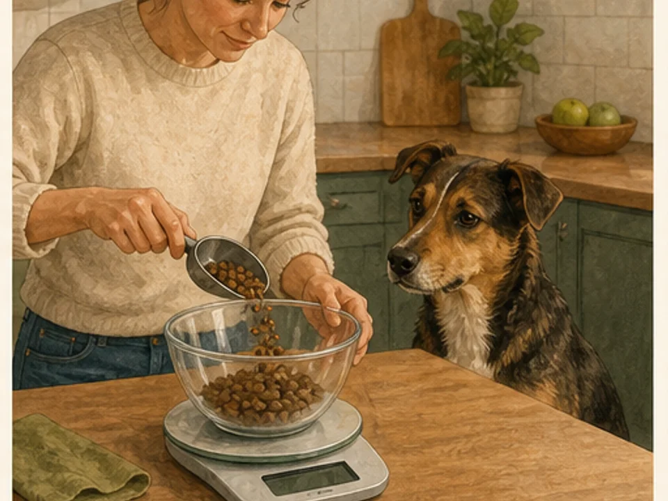 Hund wartet neben einem gefüllten Futternapf