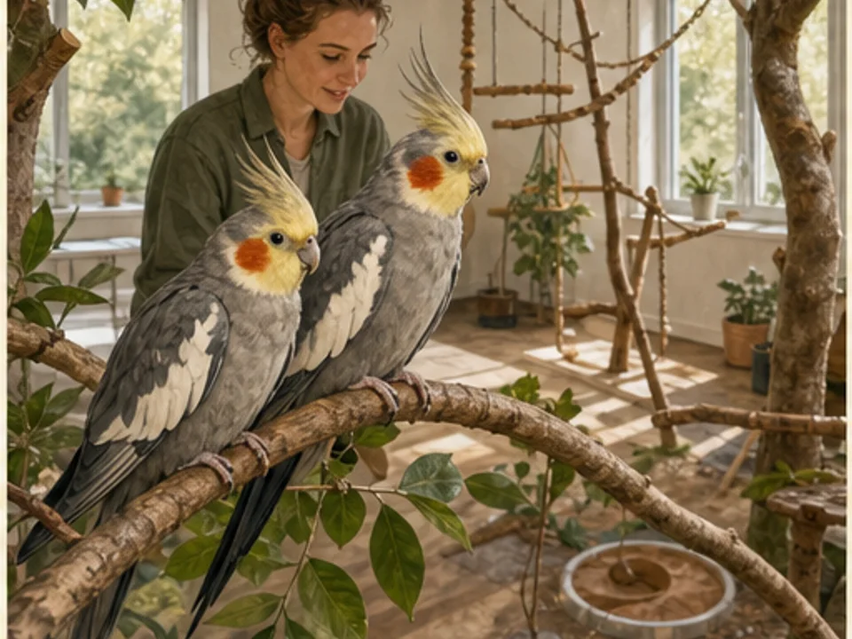 Zwei Nymphensittiche sitzen auf einem Naturast in einem hellen sicheren Vogelzimmer