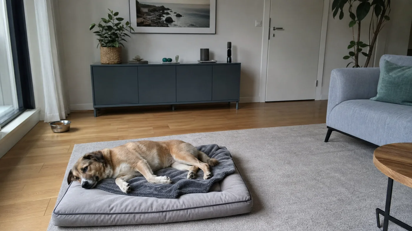 Entspannter Hund liegt während einer kurzen Abwesenheit locker auf seinem Schlafplatz