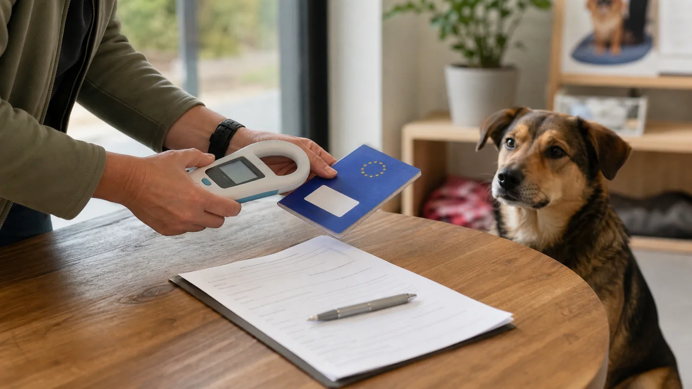 Mikrochipscanner, Heimtierausweis und Vertrag werden bei einem Hund miteinander abgeglichen