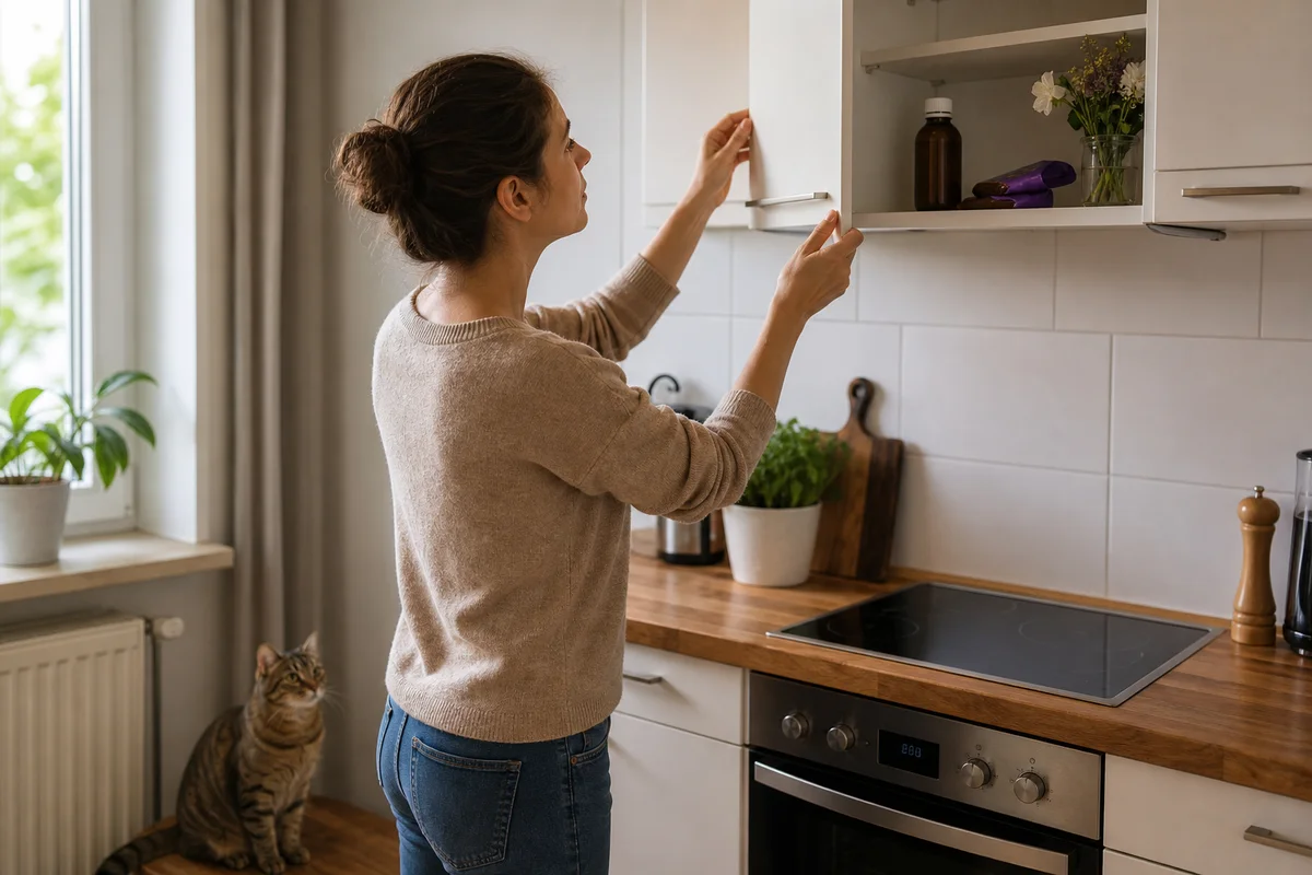 Eine Katze sitzt auf Abstand, während Medikamente und Lebensmittel sicher in einem oberen Küchenschrank verstaut werden