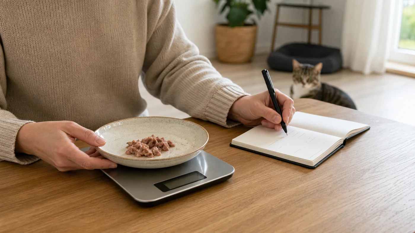 Restliches Katzenfutter wird gewogen und die aufgenommene Menge notiert