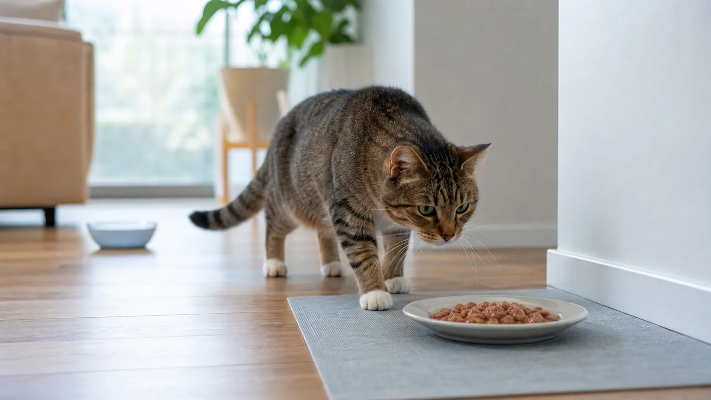Katze nähert sich einem flachen Teller mit Nassfutter an einem ruhigen Futterplatz