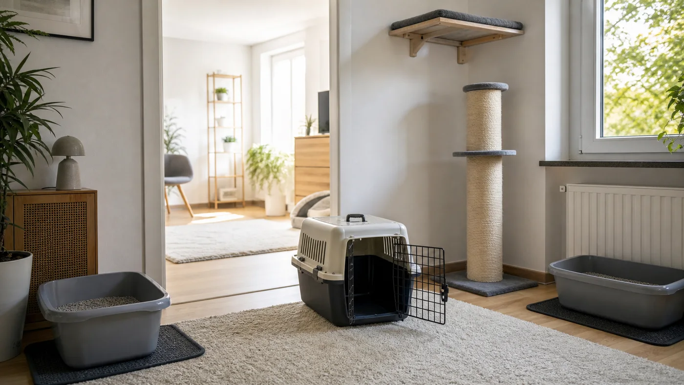 Vorbereitete Katzenwohnung mit getrennten offenen Toiletten, Kratzplatz, Liegefläche und offener Transportbox